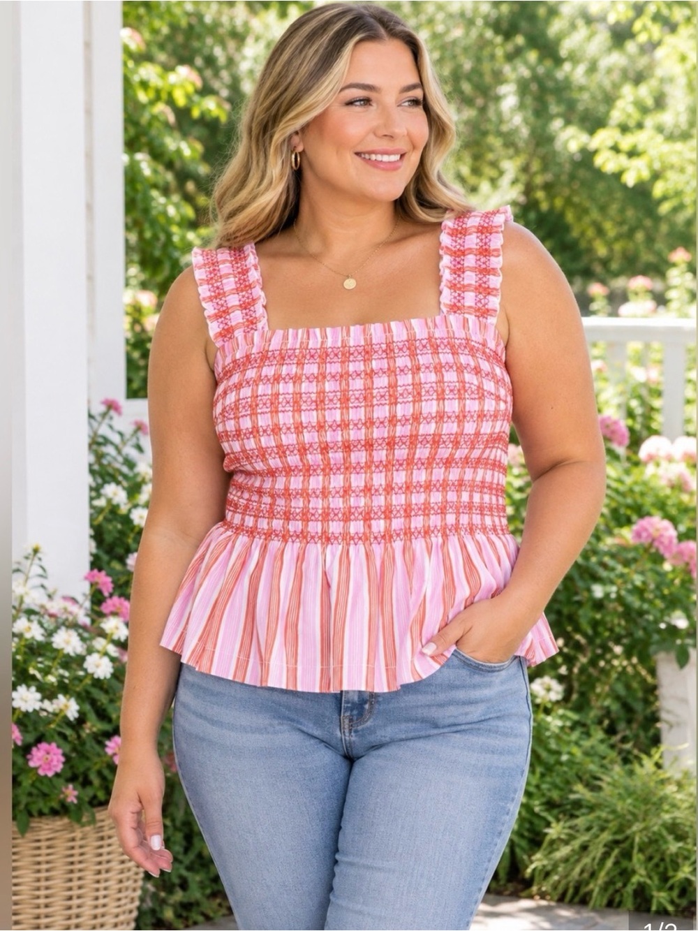 Smocked Square-Neck Pink Plaid Peplum Tank Top xl